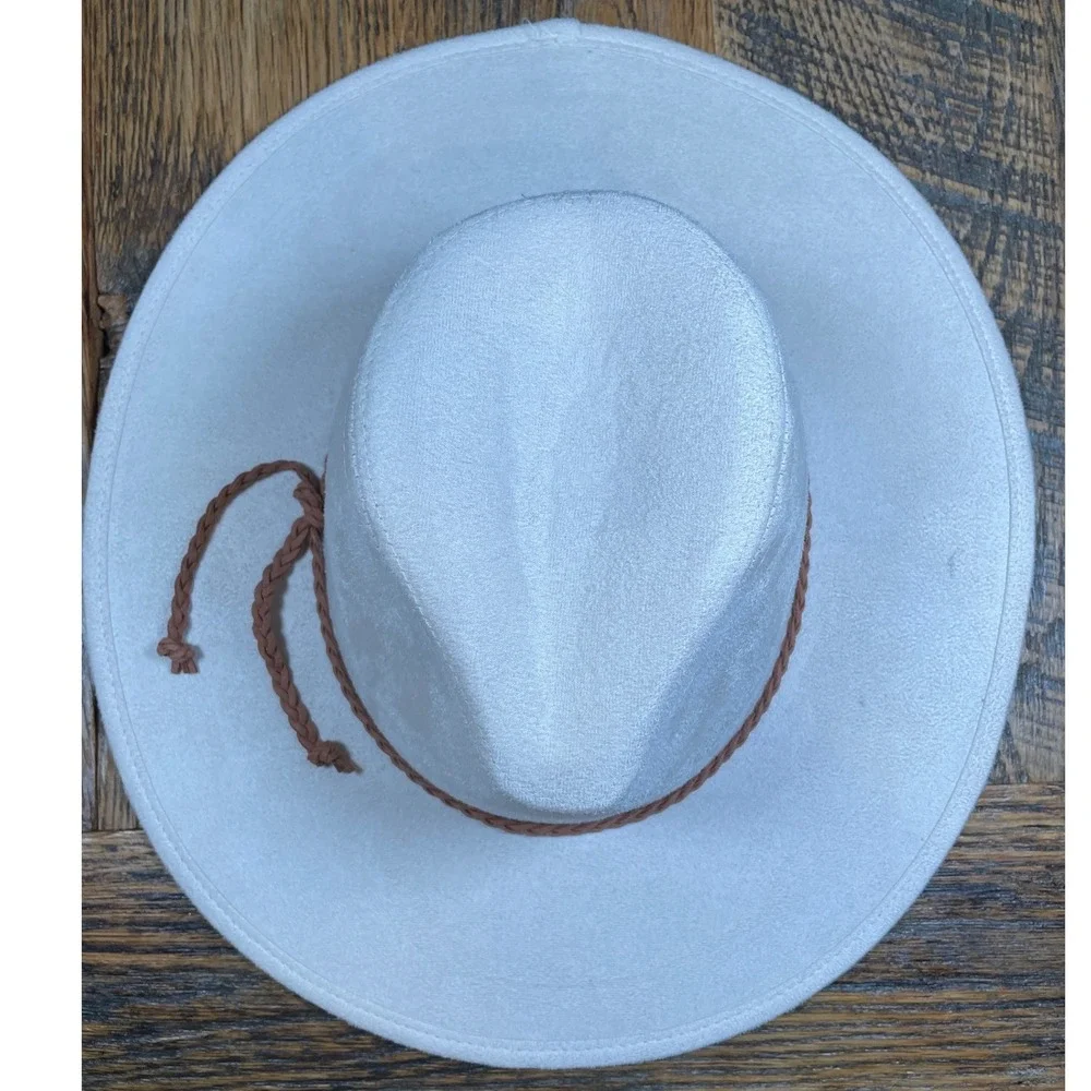 Cream Faux Suede Wide Brim Fedora Hat‎ with Braided Band Cowgirl One Size